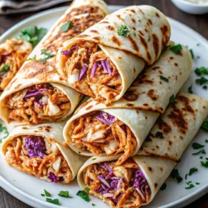 A stack of toasted BBQ chicken wraps filled with shredded chicken, purple cabbage slaw, and melted cheese on a white plate.