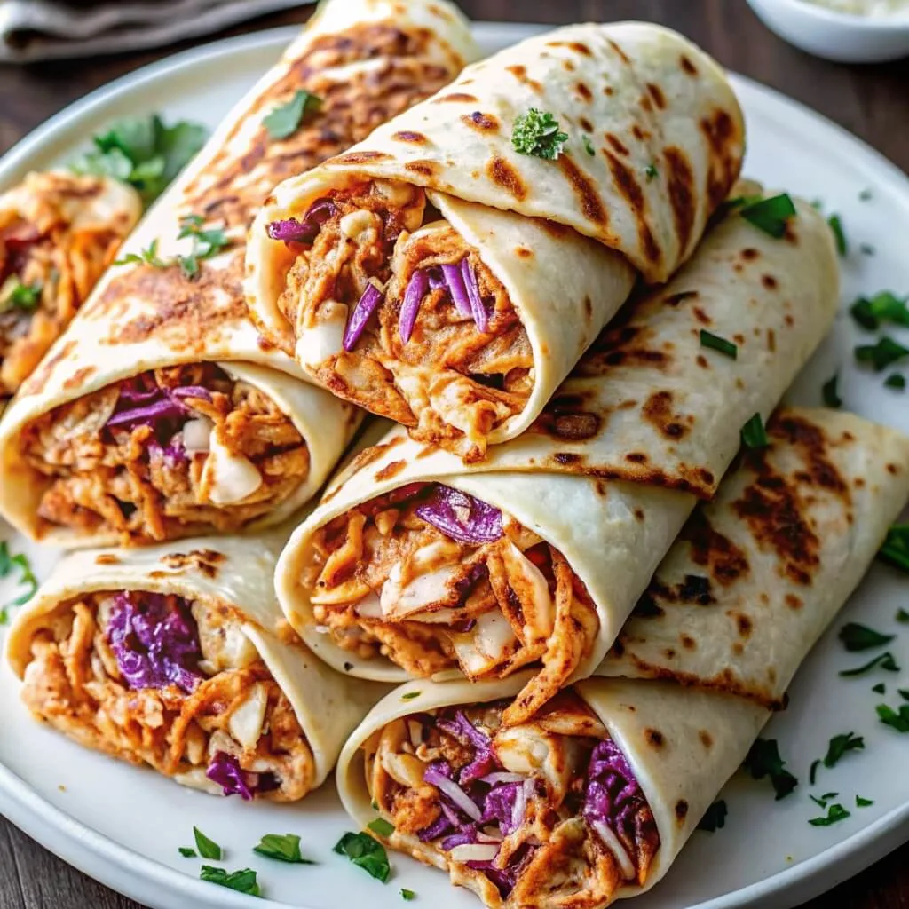 A stack of toasted BBQ chicken wraps filled with shredded chicken, purple cabbage slaw, and melted cheese on a white plate.