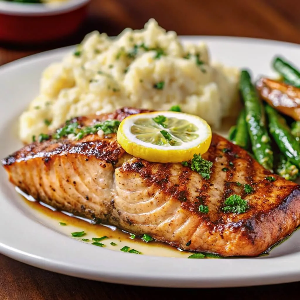 A grilled salmon fillet topped with a lemon slice and fresh herbs, served with a side of mashed potatoes and green beans on a white plate.