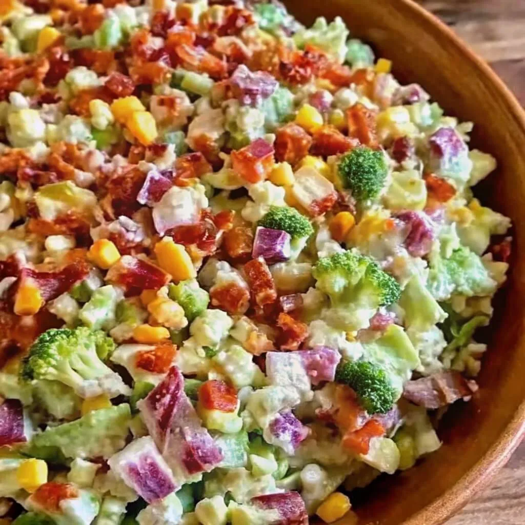 A close-up of a loaded broccoli salad featuring fresh florets, crispy bacon, red onions, and corn in a creamy dressing.
