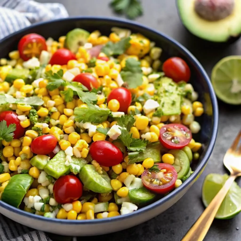A dark blue bowl filled with a colorful corn salad featuring cherry tomatoes, cucumbers, and fresh cilantro with a lime garnish.