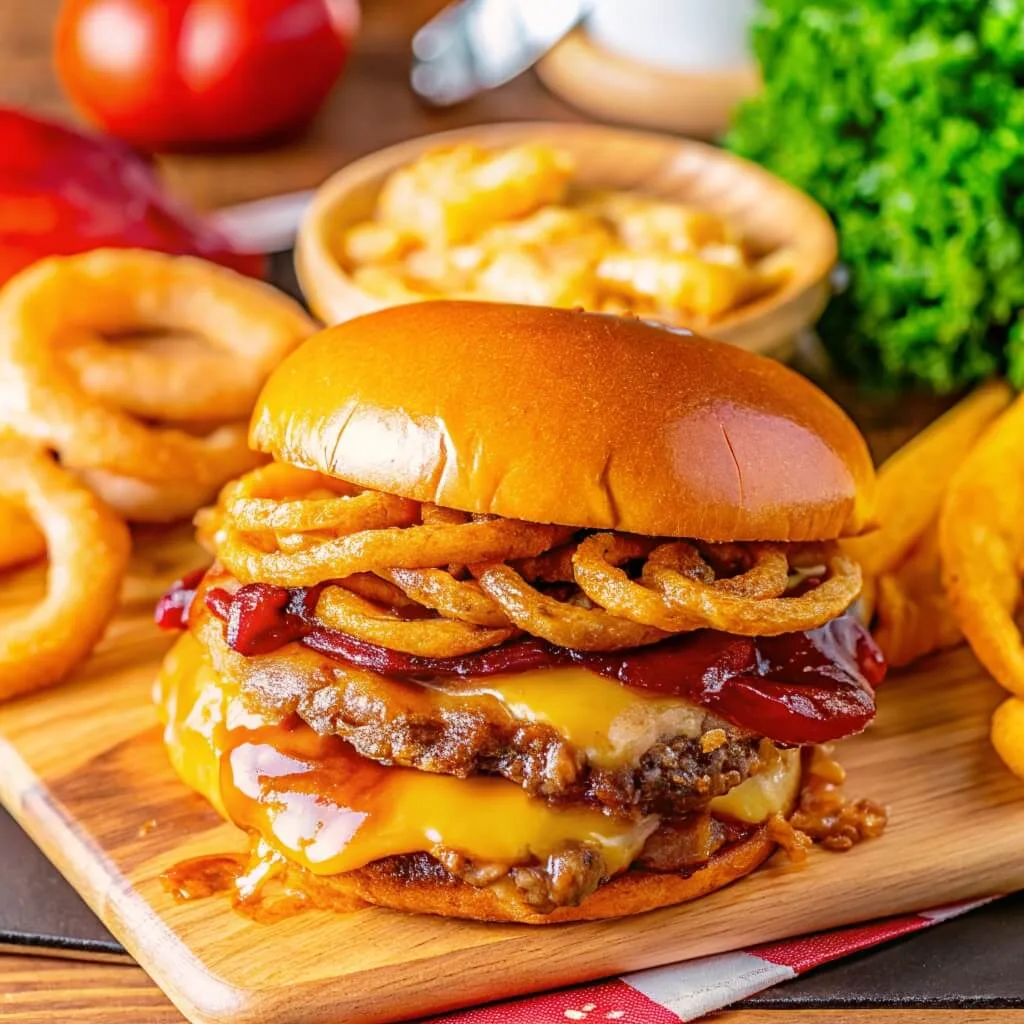 A large double-patty cheeseburger topped with barbecue sauce, crispy onion rings, and bacon, served on a wooden board with fries and onion rings.