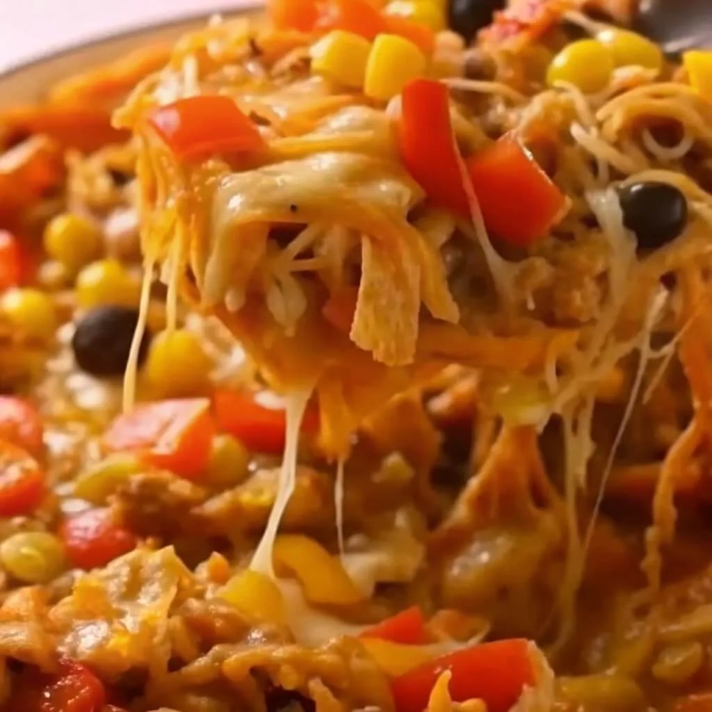 A close-up action shot of melted cheese stretching from a scoop of chicken and rice casserole with corn, black beans, and red peppers.