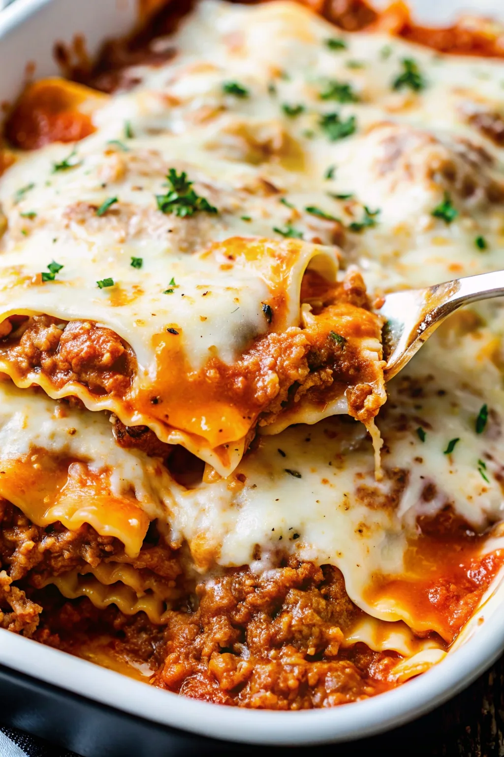 A close-up shot of a silver spatula lifting a cheesy slice of lasagna from a white baking dish, showing layers of pasta, meat sauce, and melted mozzarella.