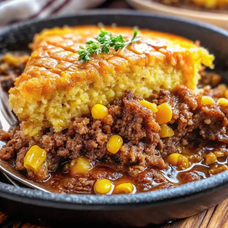 A close-up of a serving of Shepherd's Pie in a black skillet featuring a golden-brown cornbread crust and savory ground beef filling with corn.