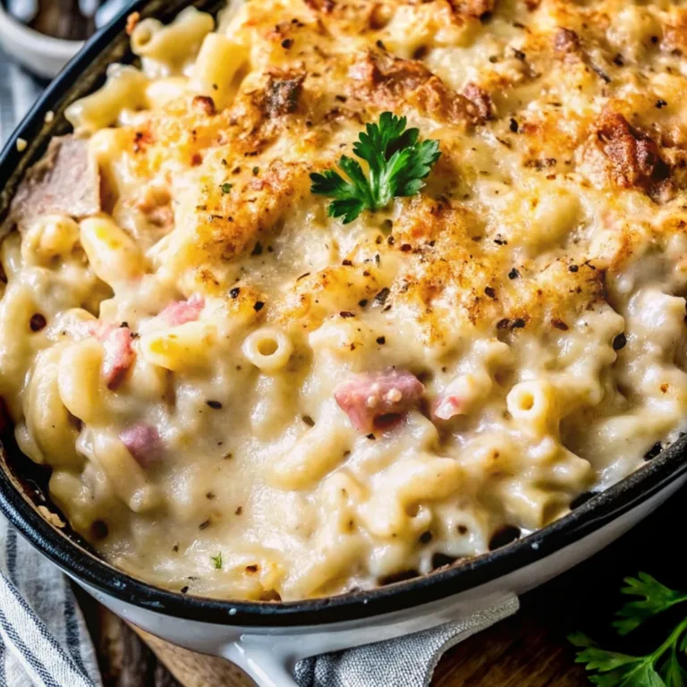 A close-up of a creamy baked macaroni and cheese casserole with savory protein chunks, topped with a crispy golden crust and fresh parsley.