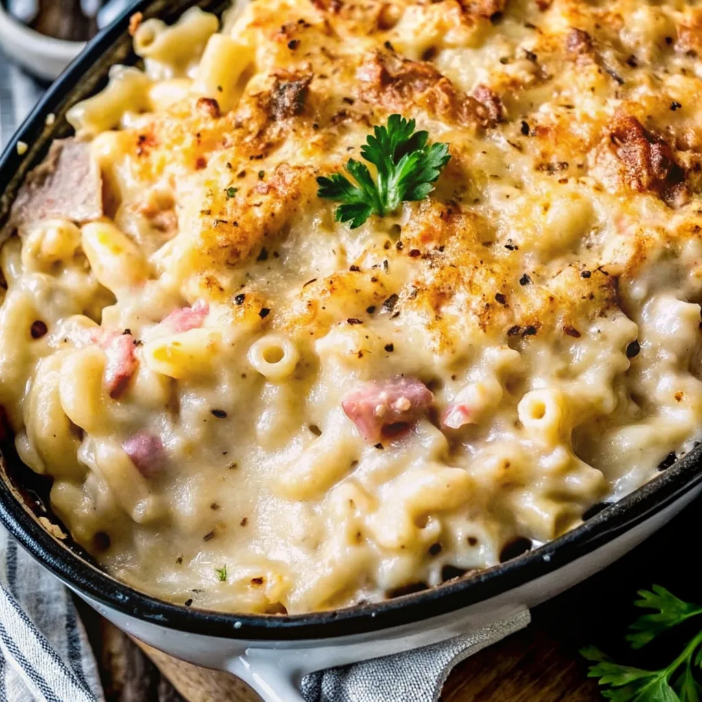 A close-up of a creamy baked macaroni and cheese casserole with savory protein chunks, topped with a crispy golden crust and fresh parsley.