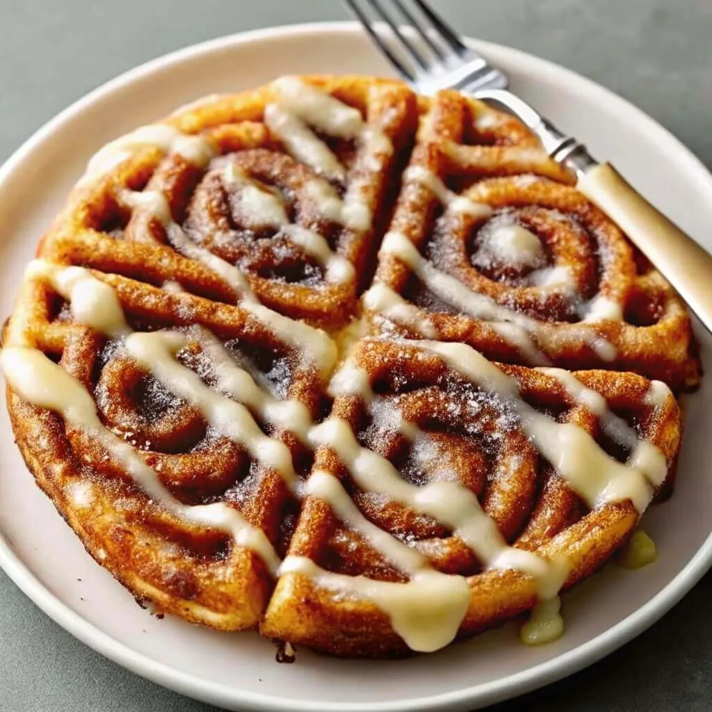 A round, golden-brown waffle with a distinct cinnamon swirl pattern, drizzled with white cream cheese glaze on a white plate.