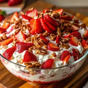 A large glass trifle bowl filled with layers of fresh strawberries, creamy whipped topping, and crunchy granola crumbles on a wooden surface.