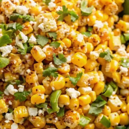 A vibrant close-up of Mexican street corn salad (Esquites) featuring charred corn kernels, crumbled cotija cheese, fresh cilantro, and chili lime seasoning.