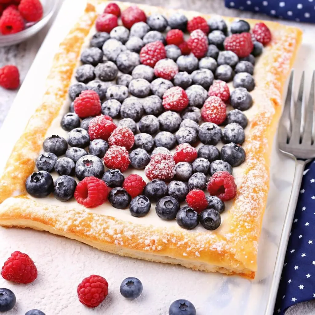A rectangular puff pastry tart filled with white cream and topped with a mix of fresh blueberries and raspberries, lightly dusted with powdered sugar.