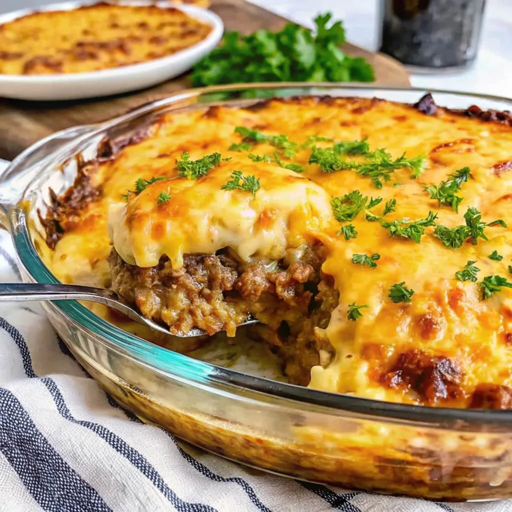 A close-up shot of a serving spoon lifting a portion of Shepherd's Pie from a glass baking dish, showing layers of seasoned ground beef and creamy mashed potatoes topped with melted cheese and fresh parsley.