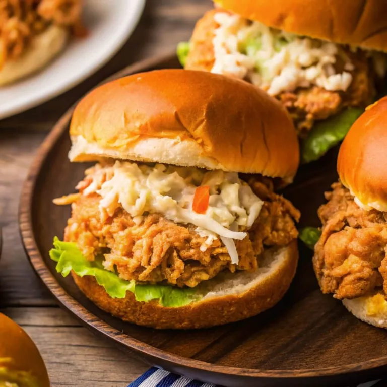 Three small shredded chicken sandwiches on a dark wooden platter, each topped with a creamy coleslaw and a slice of red pepper.