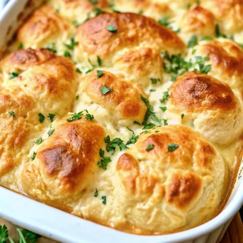 A white fluted baking dish filled with a creamy chicken casserole topped with golden-brown, fluffy biscuits and fresh chopped parsley.