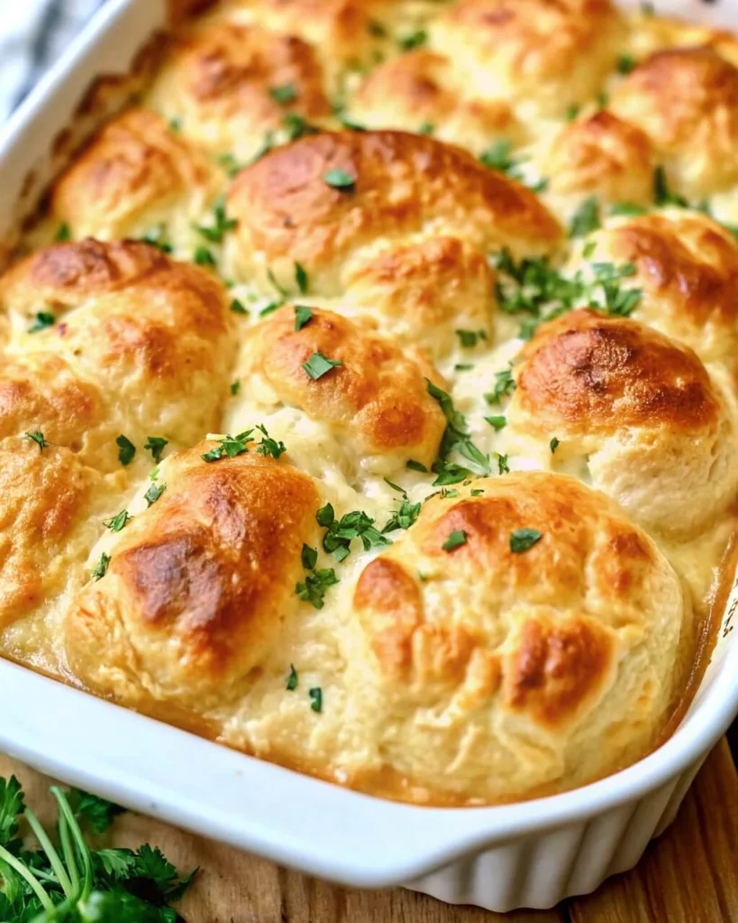 A white fluted baking dish filled with a creamy chicken casserole topped with golden-brown, fluffy biscuits and fresh chopped parsley.