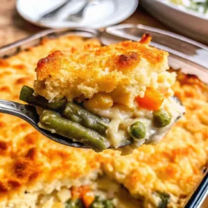 A metal spoon lifting a generous portion of green bean casserole with a golden-brown breadcrumb crust, visible peas, and carrots.