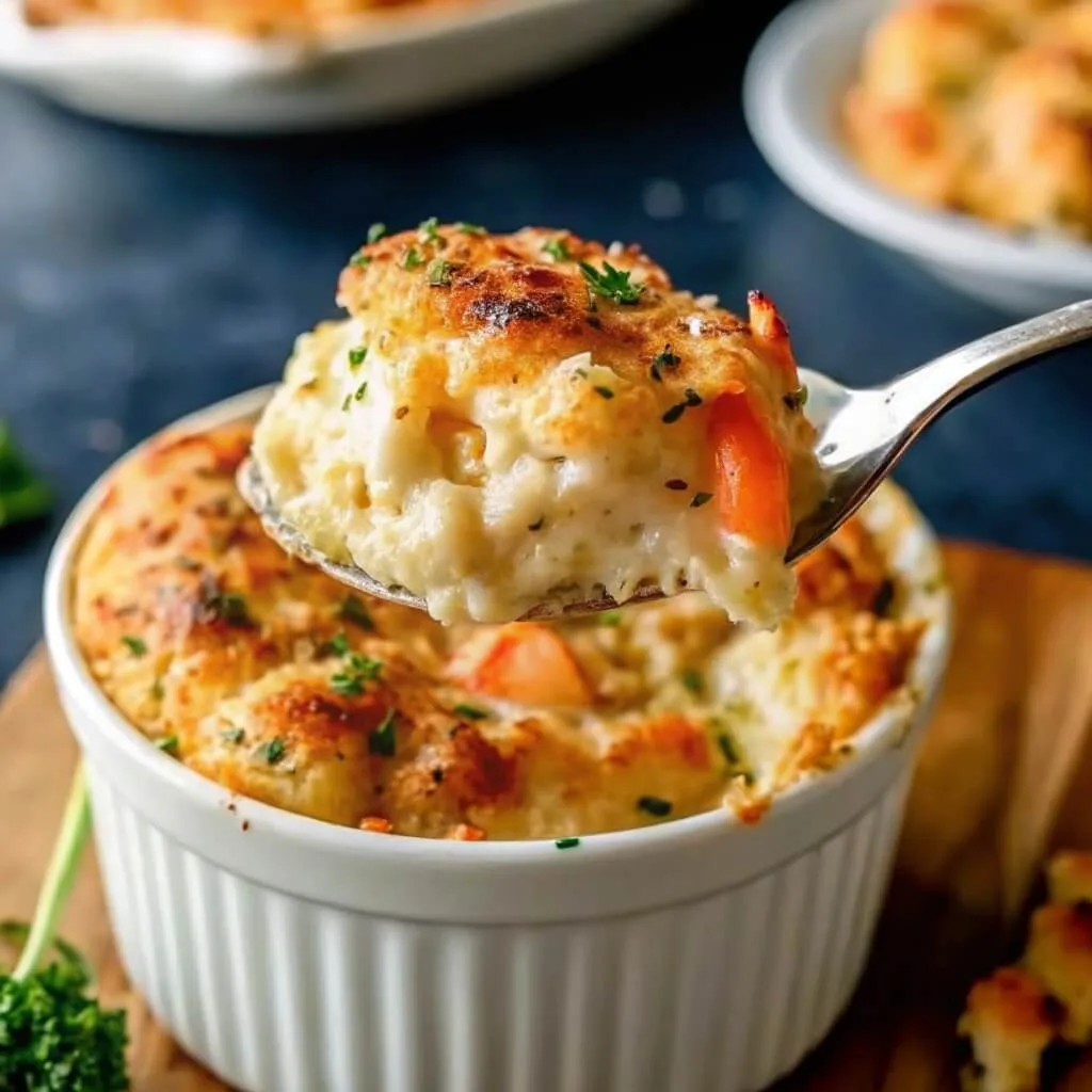 A close-up of a white fluted ramekin filled with creamy chicken cobbler, featuring a golden-brown biscuit topping and fresh parsley garnish on a spoon.