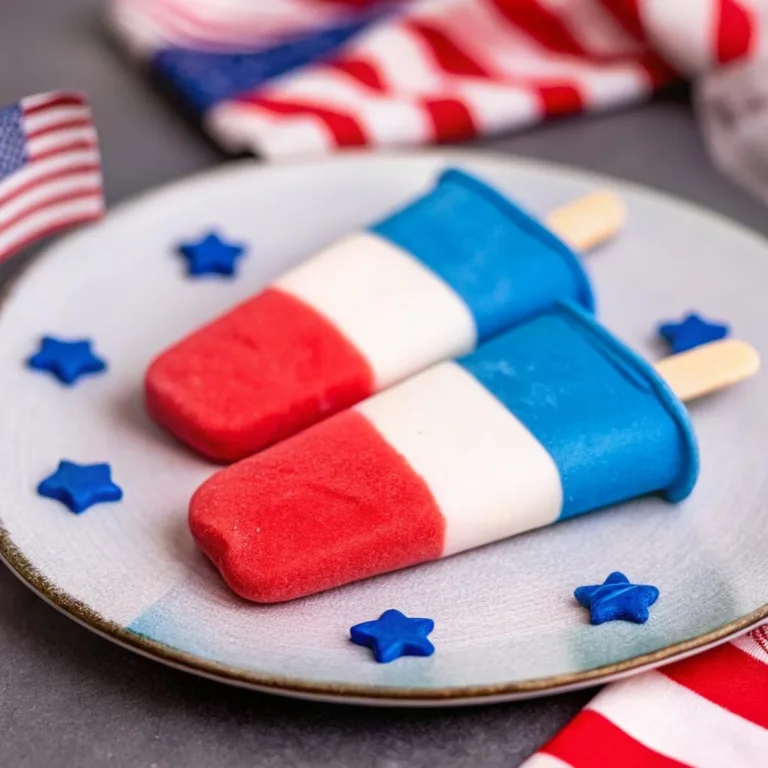 Two red, white, and blue layered popsicles on a plate, surrounded by small blue star-shaped candies and an American flag in the background.