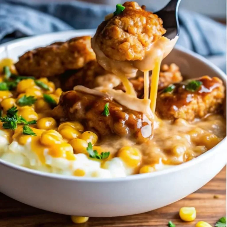 Close up of a fork lifting a crispy fried chicken nugget with stretching gravy over a mashed potato bowl with corn.