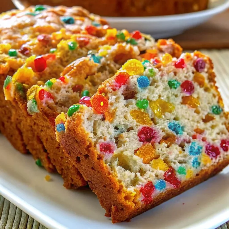 Slices of funfetti loaf cake filled with colorful rainbow candy pieces on a white serving plate.