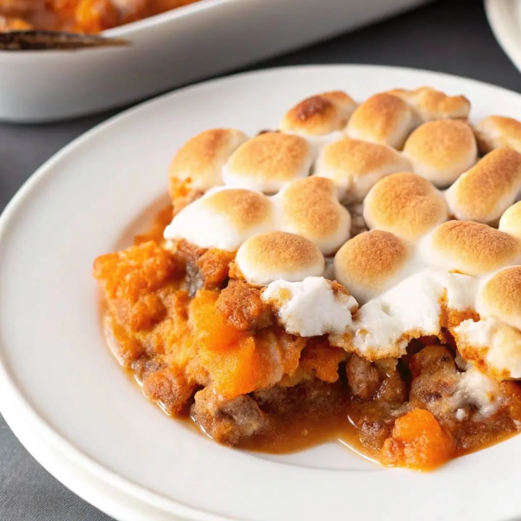 A single serving of sweet potato casserole topped with toasted golden-brown marshmallows on a white plate.