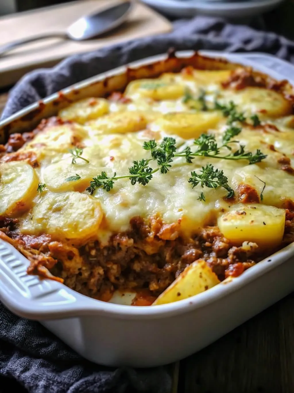Angled close up of a cottage pie casserole with sliced potatoes and melted cheese in a white baking dish.
