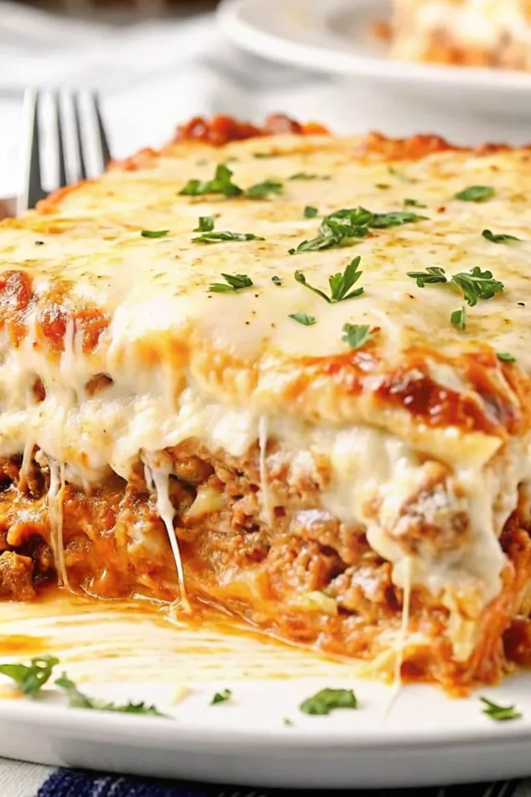 Close up of a slice of classic lasagna with melted mozzarella cheese pulling away from layered meat sauce.