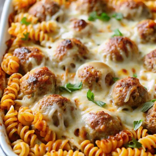 Close up of a cheesy meatball pasta bake with spiral rotini noodles and melted mozzarella in a white baking dish.