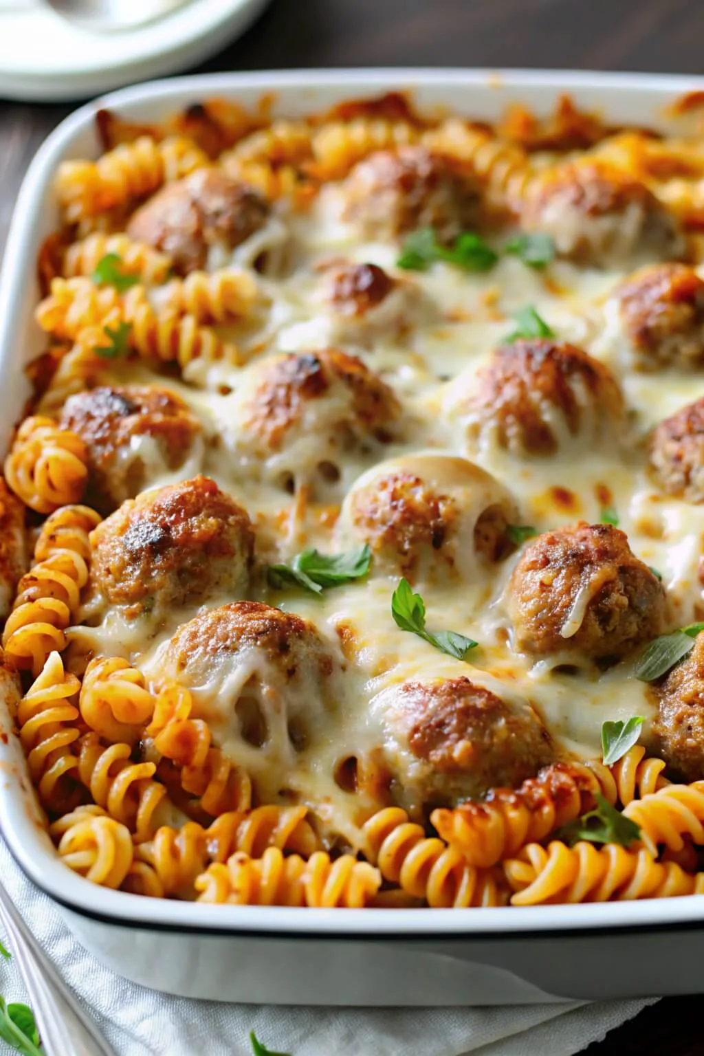 Close up of a cheesy meatball pasta bake with spiral rotini noodles and melted mozzarella in a white baking dish.
