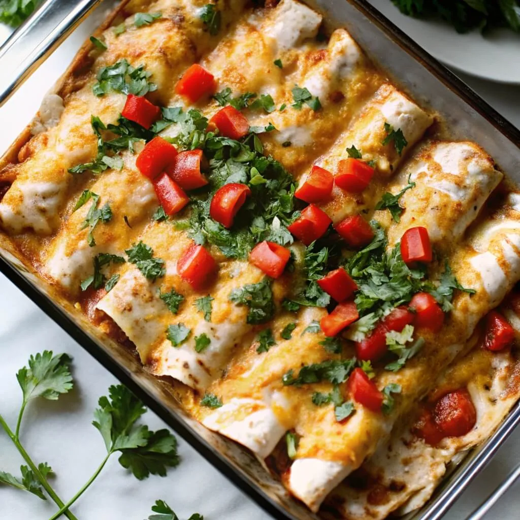 A glass baking dish filled with golden-brown chicken enchiladas topped with melted cheese, diced red tomatoes, and fresh cilantro.