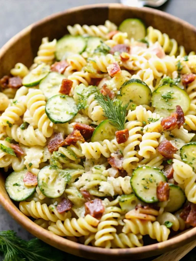 Close up of a creamy cucumber pasta salad with rotini noodles, crispy bacon bits, and fresh dill in a wooden bowl.