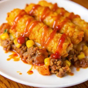Close up of a serving of tater tot casserole with ground beef, corn, and a drizzle of spicy red hot sauce on a white plate.