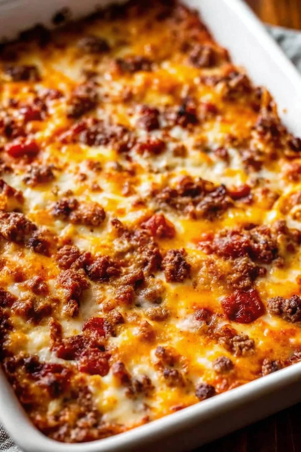 Overhead view of a baked hamburger potato casserole with a golden bubbling cheddar cheese crust and browned ground beef.