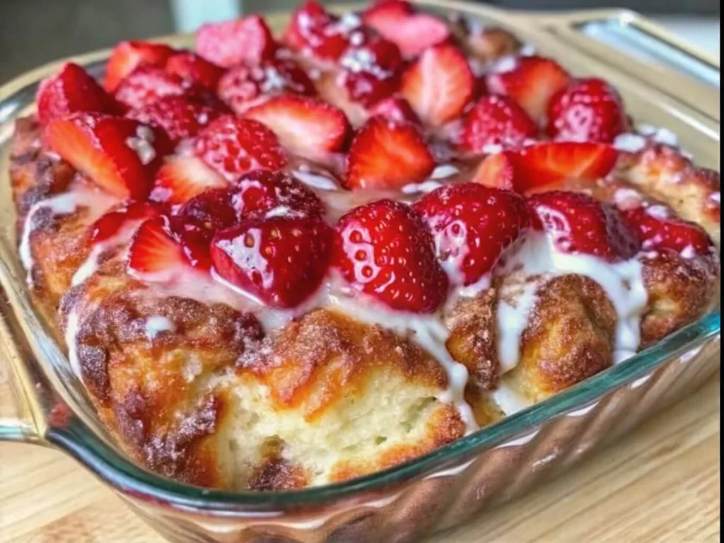 Close up of a baked strawberry french toast casserole topped with fresh sliced strawberries and a drizzle of sweet white glaze.