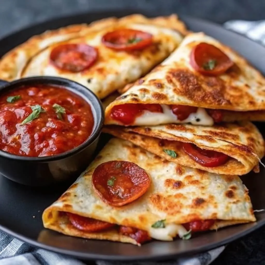 Crispy pepperoni pizza quesadilla wedges served on a black plate next to a small bowl of savory marinara dipping sauce.
