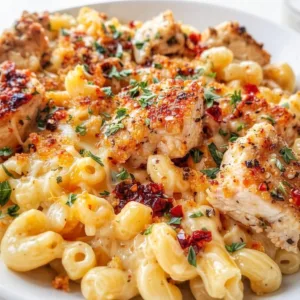 Close up of creamy chicken mac and cheese pasta with sun dried tomatoes, breadcrumbs, and fresh parsley in a white bowl.