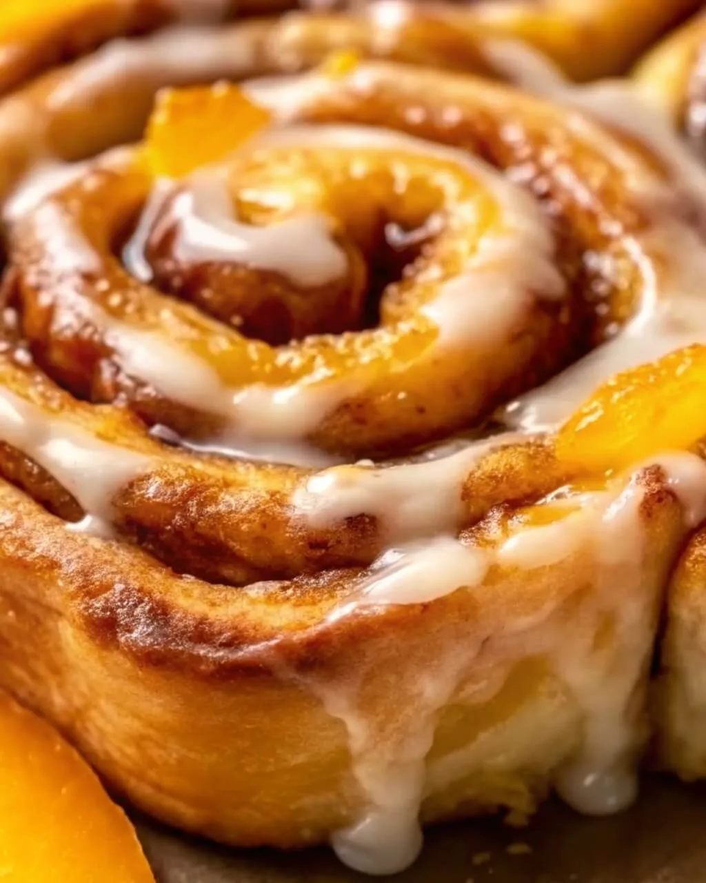 Macro close up of a homemade peach cinnamon roll with a golden spiral crust, peach pieces, and dripping white sugar glaze.