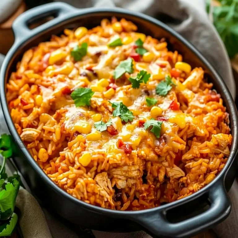 An oval black baking dish filled with Mexican chicken and rice casserole topped with melted cheese, corn, and fresh cilantro.