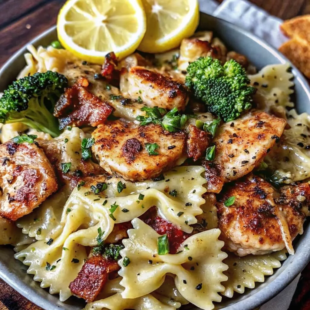 A close-up bowl of golden-brown seared chicken pieces mixed with bow-tie farfalle pasta, steamed broccoli, and fresh
