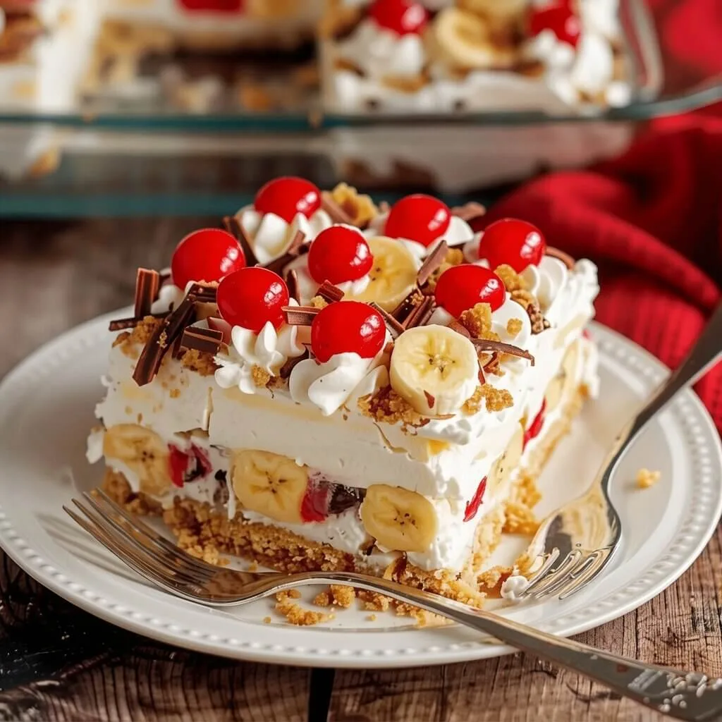 A square slice of no bake banana split dessert lasagna with graham cracker crust, pudding layers, banana slices, and maraschino cherries.