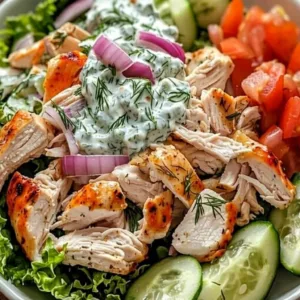A healthy Greek chicken salad bowl topped with a creamy tzatziki dill dressing, red onions, fresh cucumber slices, and diced tomatoes.