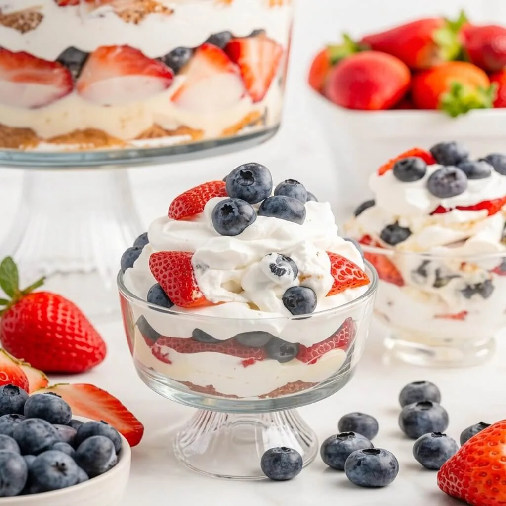 An individual glass pedestal cup filled with a mixed berry trifle topped with whipped cream, fresh blueberries, and sliced strawberries.