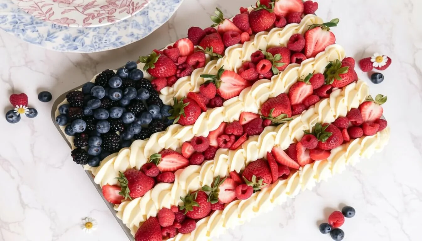 An overhead view of an easy 4th of July flag cake made with blue berries for the stars and alternating rows of red berries and piped white frosting.