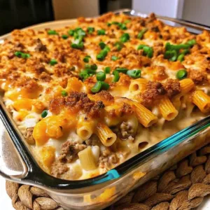 A close-up view of a baked macaroni casserole with ground beef, melted cheese, and green onion garnish in a glass baking dish.
