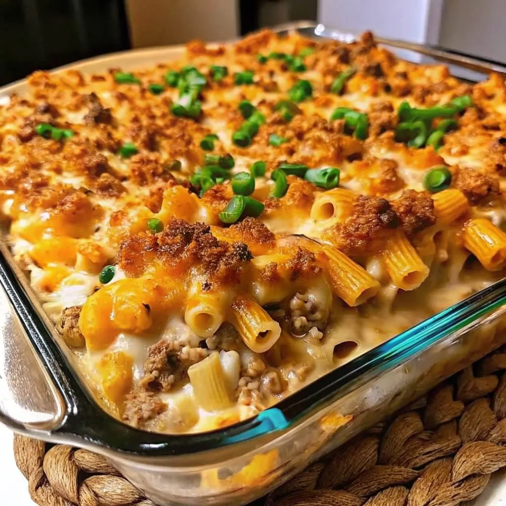 A close-up view of a baked macaroni casserole with ground beef, melted cheese, and green onion garnish in a glass baking dish.