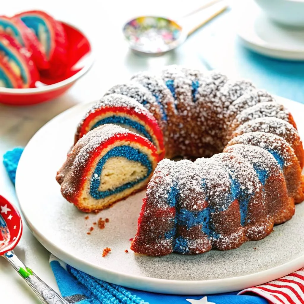A sliced bundt cake on a white plate showing a hidden red and blue ring design inside a vanilla cake base, dusted with powdered sugar.