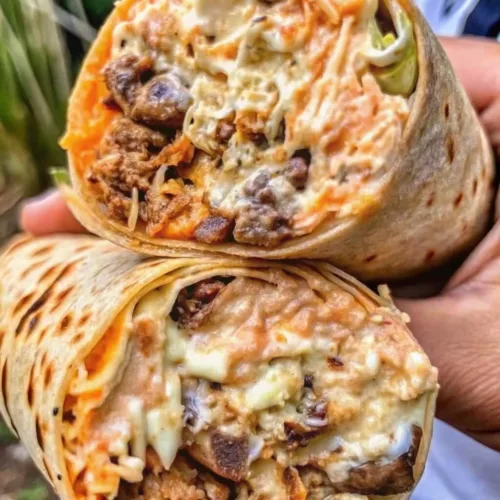 A close-up of two halves of a large, toasted flour tortilla wrap stuffed with seasoned ground beef, melted cheese, and a creamy secret sauce.