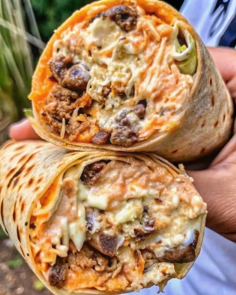 A close-up of two halves of a large, toasted flour tortilla wrap stuffed with seasoned ground beef, melted cheese, and a creamy secret sauce.