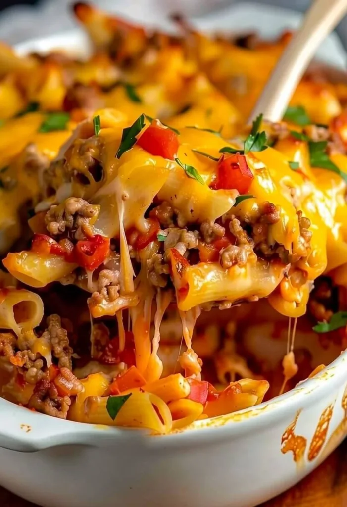 A wooden spoon lifting a scoop of cheesy taco pasta bake with ground beef, penne noodles, diced tomatoes, and melting cheddar cheese.