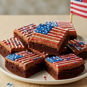 A stack of fudgy 4th of July brownies decorated with blue frosting, tiny star sprinkles, and red and white icing stripes to look like American flags.